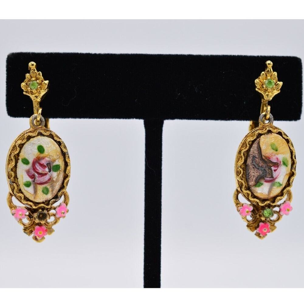Art Vintage Clip On Earrings Painted Floral Antiqued Gold Signed 1940s BinAB